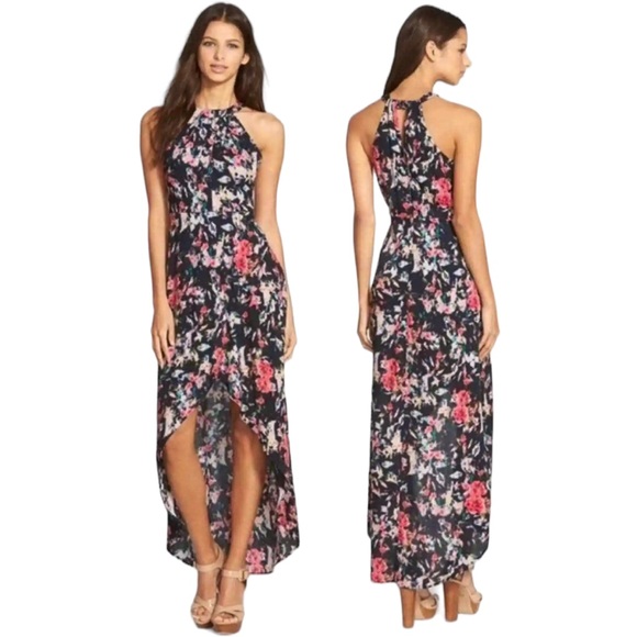 Astr Dresses & Skirts - Astr Floral High Low Ruffle Halter Dress Black Size XS WORN ONCE